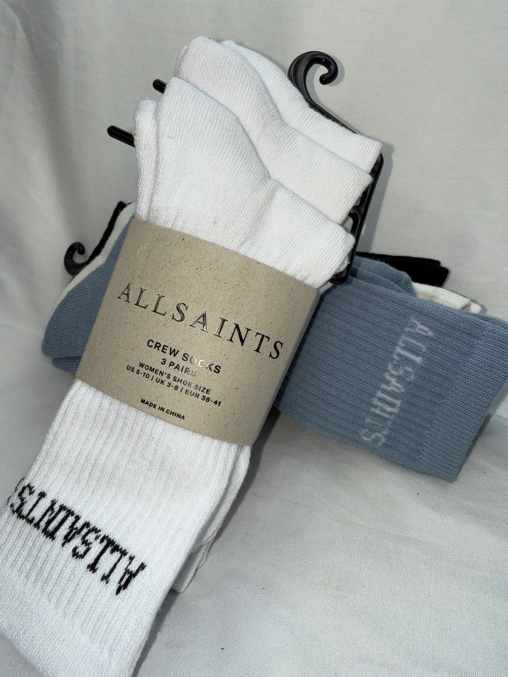 2 PACKS AllSaints Crew Sock Trio in White and Blue/White/Black